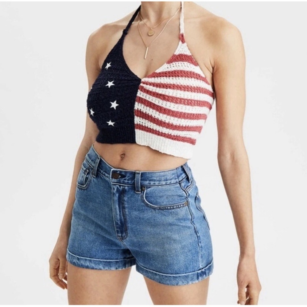 American Eagle Crochet Halter Top USA Flag Cropped Festival Concert Red Blue M